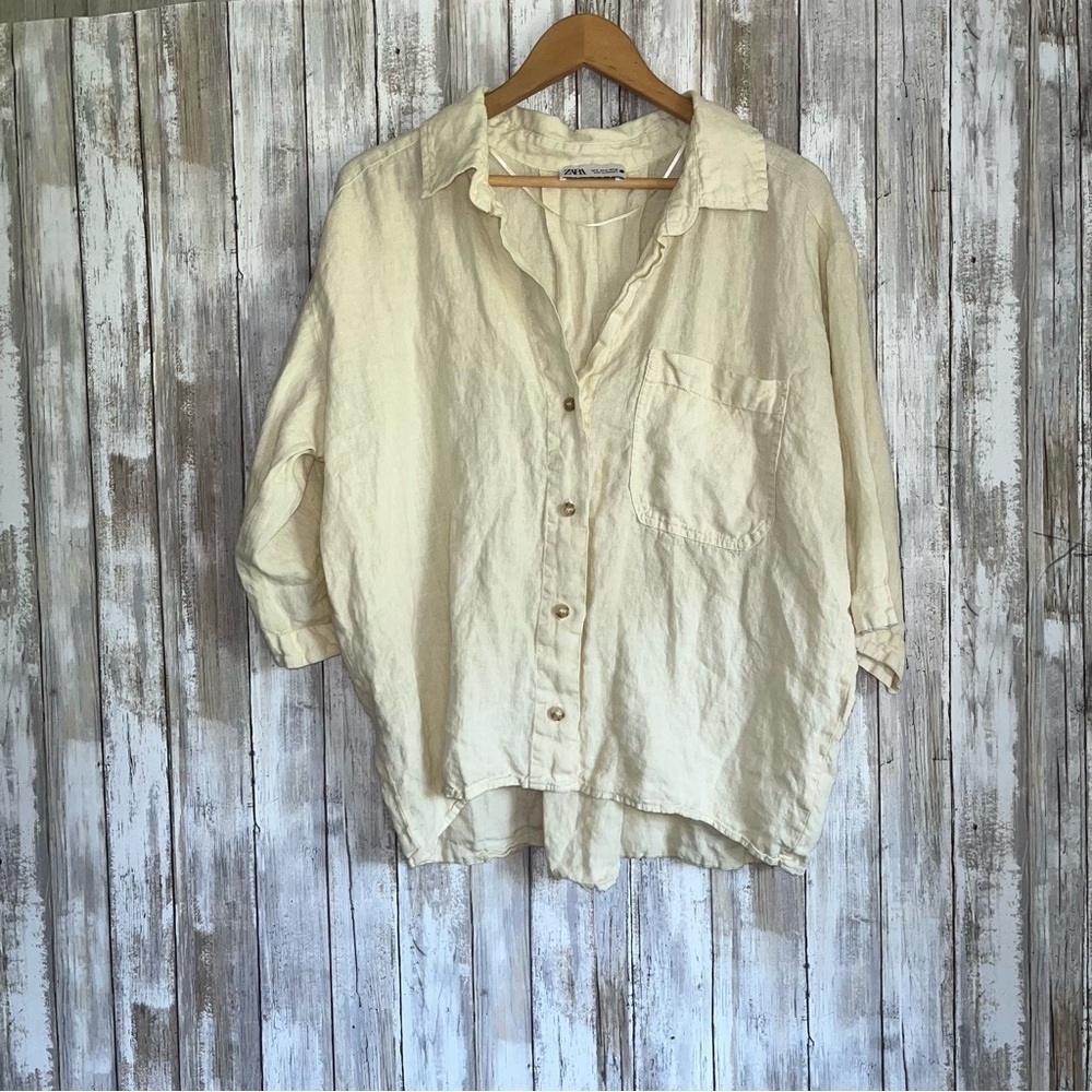 Zara 100% Linen Matching Set Sand Beige Oversized Shirt Shorts Co Ord Size S - Picture 2 of 11